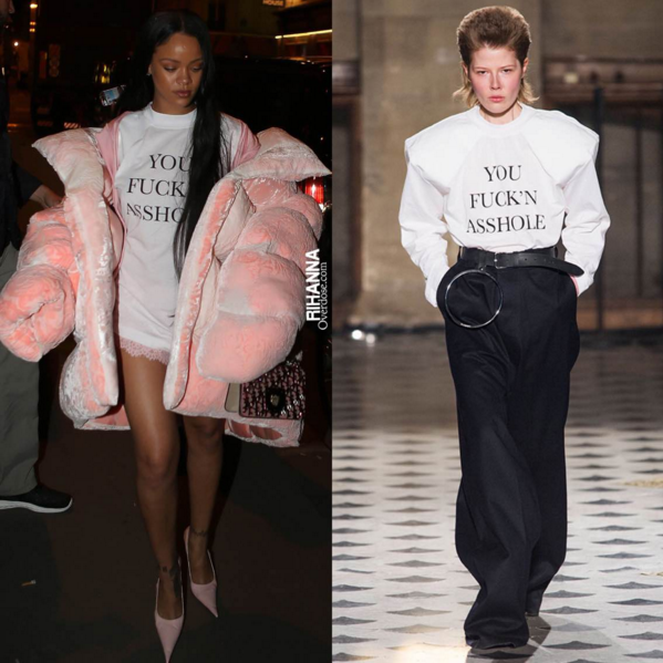 Rihanna teamed her outlandish jacket with a plain white T-shirt emblazoned with an expletive ridden statement partially concealed by her hair.