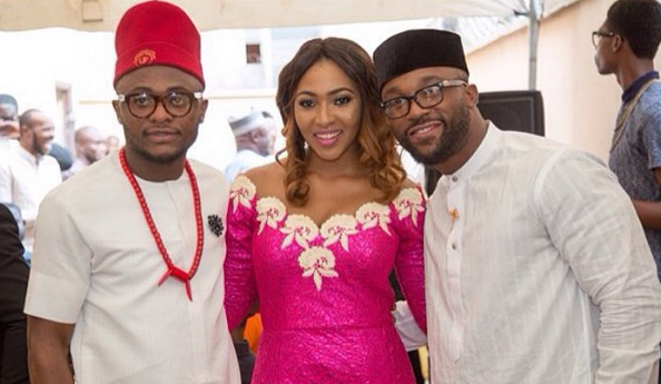 Ubi Franklin and wife, Lilian Esoro alongside Iyanya on their wedding introduction. Credit: Various