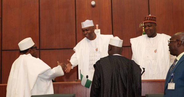 Presidential handshake: Nigeria's president shakes hands with the Senate President