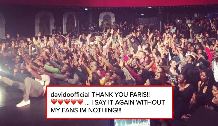 Davido staged concert at Bataclan in Paris. Credit: IG