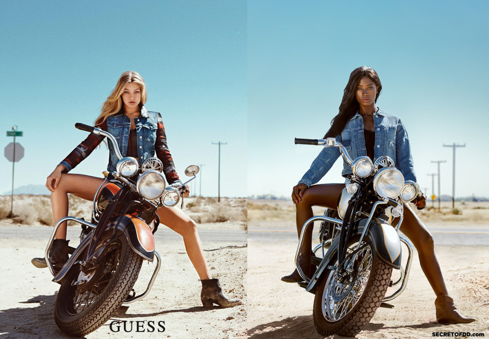 For example, it took two months to find a similar motorcycle for the re-creation of the Guess advert featuring Gigi Hadid.