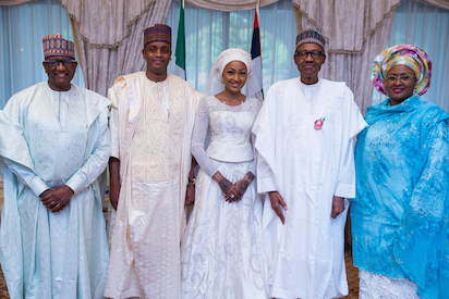 Father of the groom, the groom Ahmed Indimi, the bride Zahra, her father President Buhari and mum Aisha