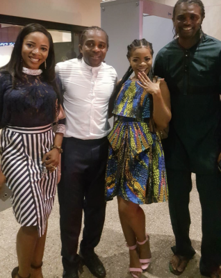 The newly engaged couple with Kanu Nwankwo and Sandra Ikeji