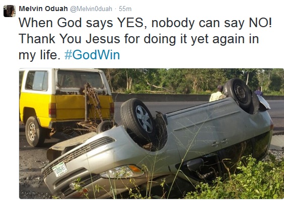 Melvin survives car accident along Benin-Ore road in 2015. Credit: Twitter
