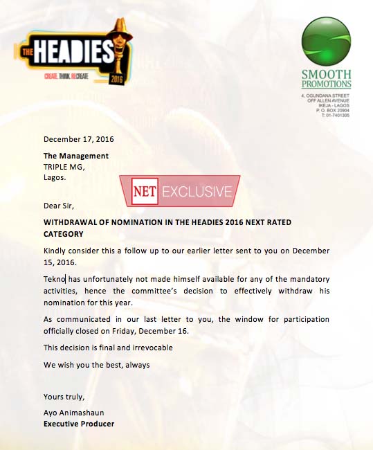 The document exclusively obtained by Thenetng, was sent to Tekno’s managers.