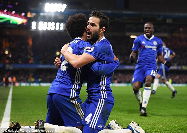 Willian and Fabregas celebrate his goal before Moses' arrival.