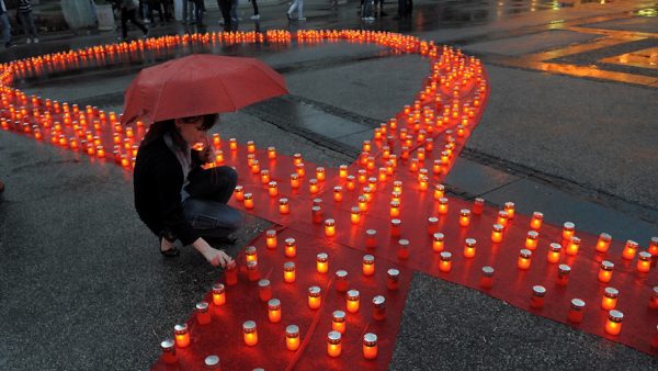 Candles used to form the red ribbon in Montreal, Canada