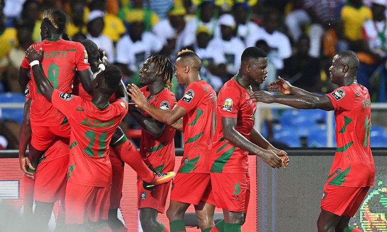 Guinea-Bissau’s players celebrate after Soares got a late equaliser. Photograph: Gabriel Bouys/AFP/Getty Images