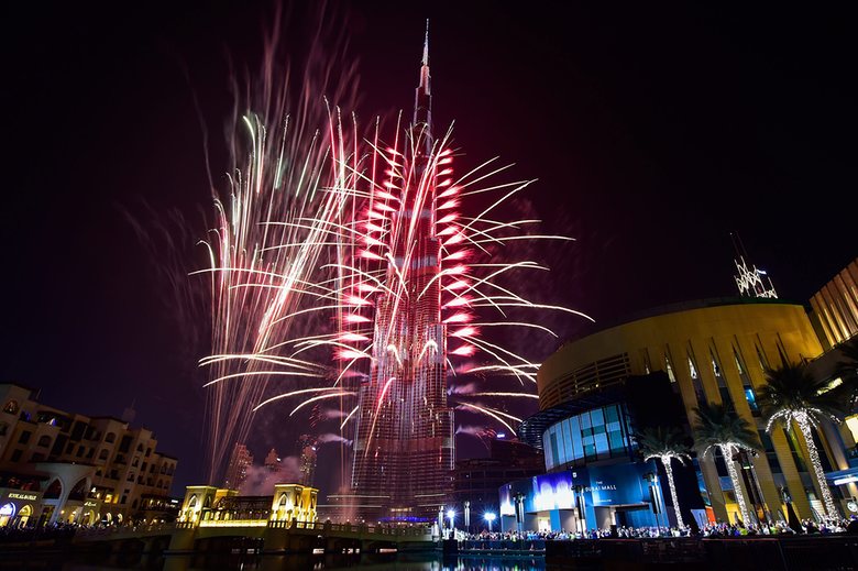 The world’s tallest building, the Burj Khalifa, is lit up to mark New Year’s Day in Dubai. Photograph: EPA