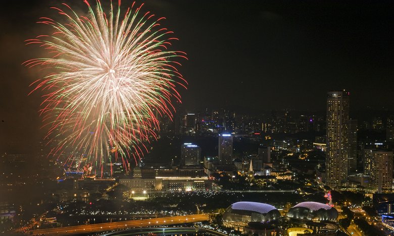 Fireworks light up the sky at Marina Bay in Singapore. Photograph: Xinhua/ Rex shutterstock