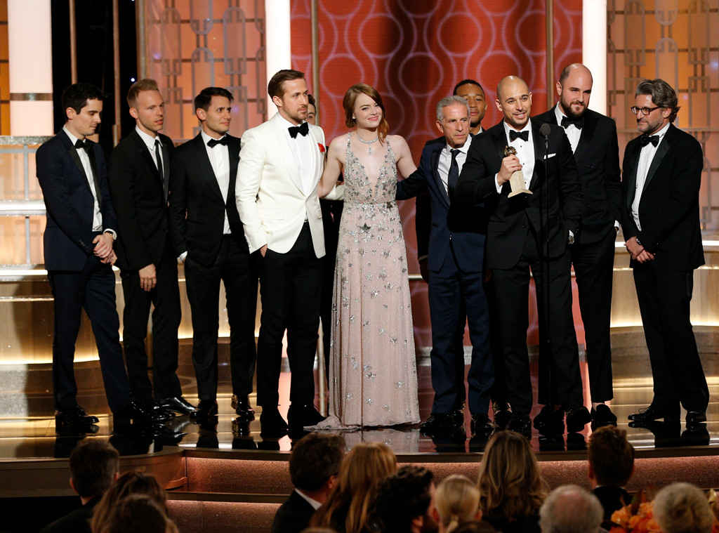 Cast members of La La Land receive award at Golden Globe Awards 2017.