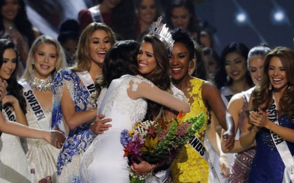 Contestants congratulate Miss France Iris Mittenaere after she was declared winner