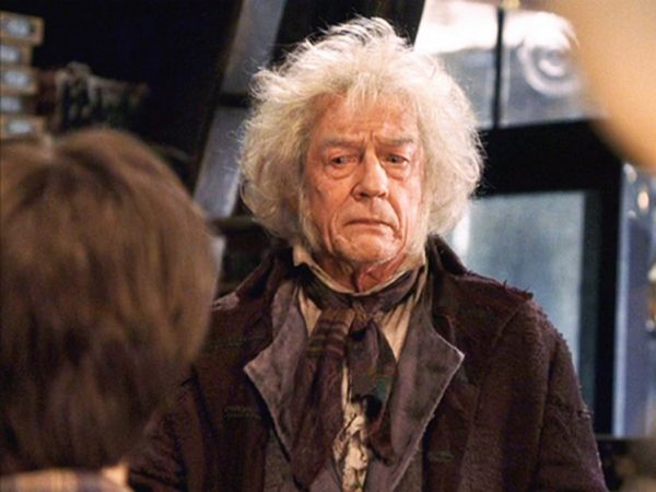 The movie "Harry Potter and the Sorcerer's Stone", (alt.: Harry Potter and the Philosopher's Stone), directed by Chris Columbus, based on the novel by J.K. Rowling. Seen here, John Hurt as Mr. Ollivander. Initial world premiere (London) November 4, 2001. Screen capture. © 2001 Warner Bros. Credit: © 2001 Warner Bros. / Flickr / Courtesy Pikturz. Image intended only for use to help promote the film, in an editorial, non-commercial context.