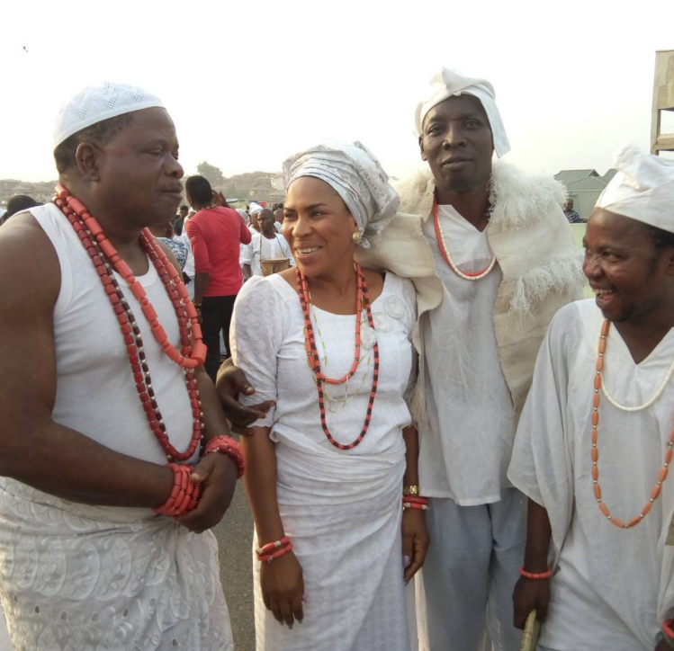 Kola Oyewo (L), and Fathia Balogun (2nd L) on set of 'Agartha'