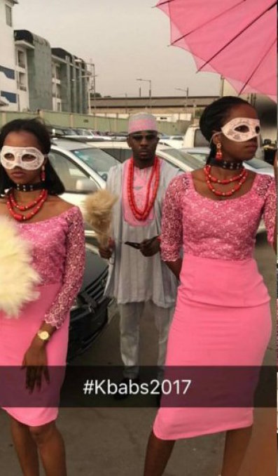 Pretty Mike attends Lagos wedding with his 'masked' girls.
