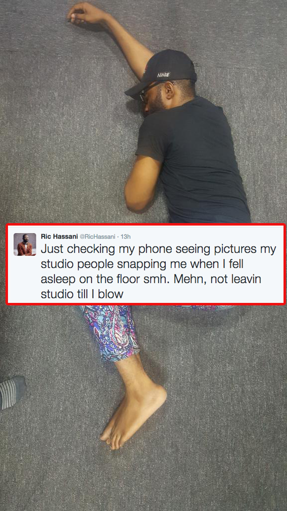 Ric Hassani picured sleeping in the studio. Credit: Twitter