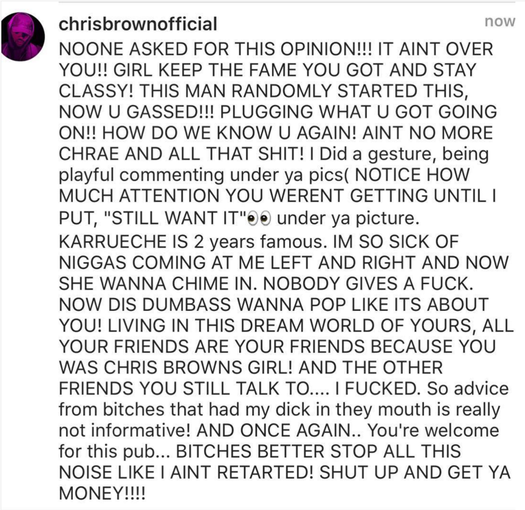 Chris Brown took a screenshot of his commnt and posted it on IG himself.