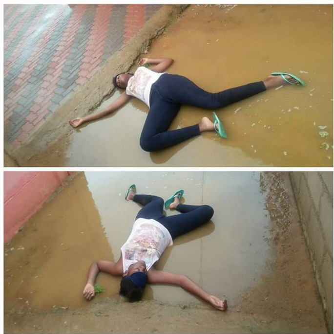 Lady seen lying in a puddle all in the name of #deadpose