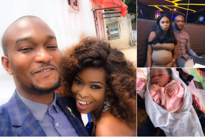 A photo collage of the couple and their new child