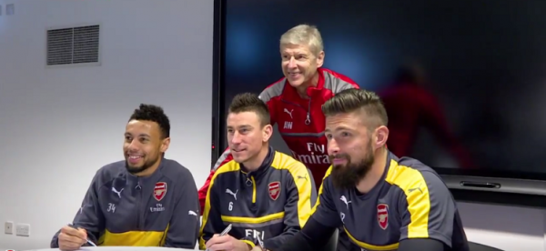 Arsenal manager, Arsene Wenger with Francis Coquelin, Laurent Koscielny and Olivier Giroud