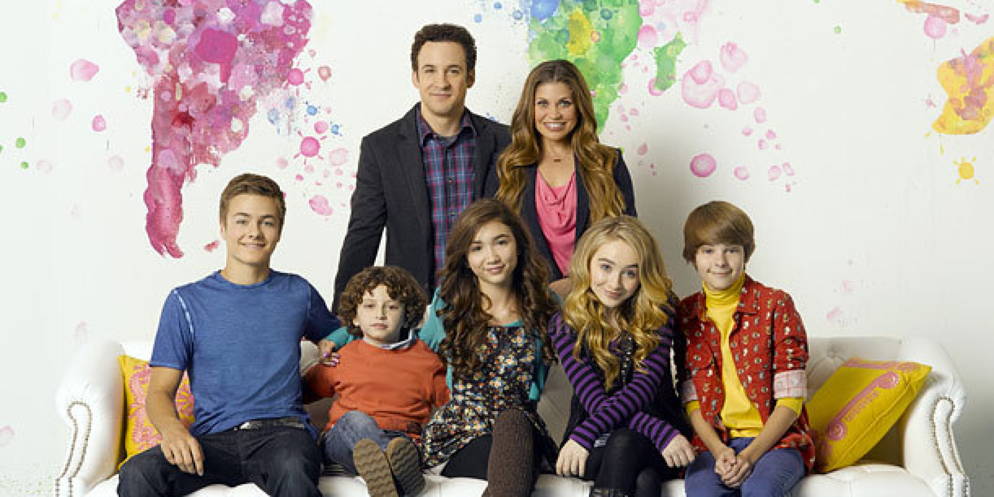 GIRL MEETS WORLD - Disney Channel's "Girl Meets World" stars Peyton Meyer as Lucas Friar, August Maturo as Auggie Matthews, Ben Savage as Cory Matthews, Rowan Blanchard as Riley Matthews, Danielle Fishel as Topanga Matthews, Sabrina Carpenter as Maya Hart and Corey Fogelmanis as Shamus Farkle. (DISNEY CHANNEL/Bob D'Amico)