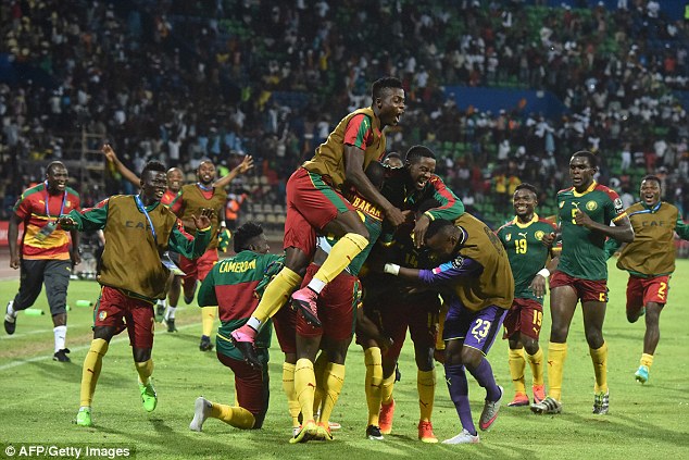 Cameroon players celebrate as they reached the 2017 AFCON final.