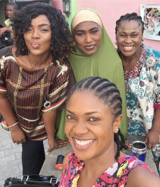 Omoni Oboli with fellow actresses, Chioma Akpotha, Ufuoma McDermott and Uche Jombo on a film set